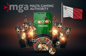 Carte da gioco per casinò online, con bandiera di Malta e logo MGA.