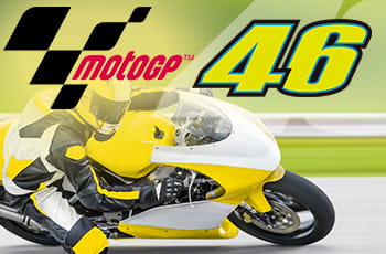Motociclista in gara con logo della MotoGP e logo 46 di Valentino Rossi.