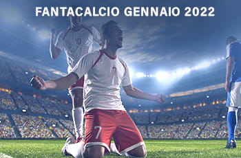 Calciatori che esultano in campo e scritta Fantacalcio gennaio 2022.