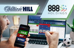 Persona che scommette online, logo William Hill e logo 888 Holding