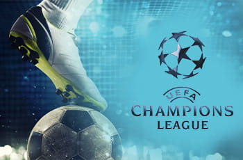 Calciatore in azione, logo Uefa Champions League