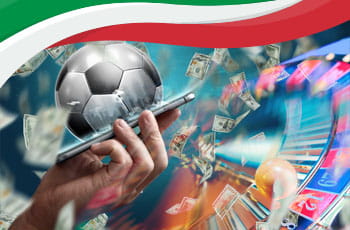 Smartphone, pallone da calcio, banconote, roulette e bandiera italiana
