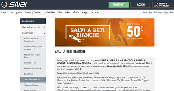 La promo scommesse Salvi a reti bianche di SNAI