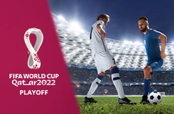 Due calciatori in azione, logo Fifa World Cup 2022 scritta playoff