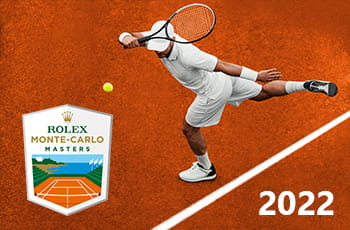 Tennista in azione, logo Rolex Monte-Carlo Masters 2022