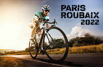 Ciclista su strada, logo Paris Roubaix 2022