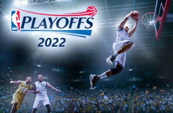 Giocatori di basket in azione logo NBA playoffs 2022