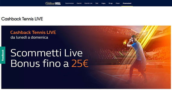 La promo scommesse Cashback tennis live di William Hill