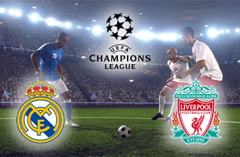 Giocatori in azione, logo Real Madrid, logo Liverpool, logo Champions League