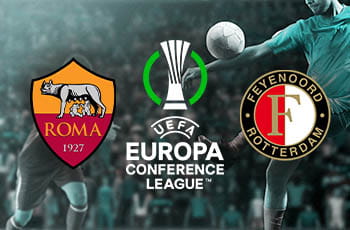 Calciatori in azione, logo Europa Conference League, logo Roma, logo Feyenoord