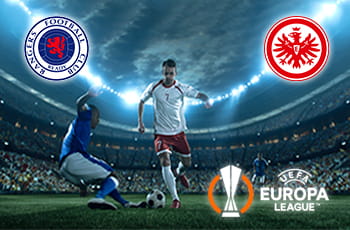 Giocatori in azione, logo Europa League, logo Eintracht, logo Rangers