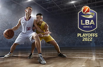 Giocatori di basket in azione logo LBA playoffs 2022