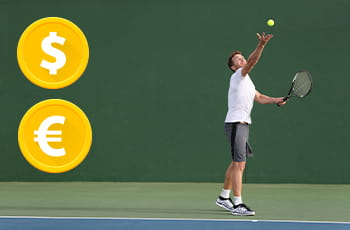 Tennista in azione, logo euro, logo dollaro