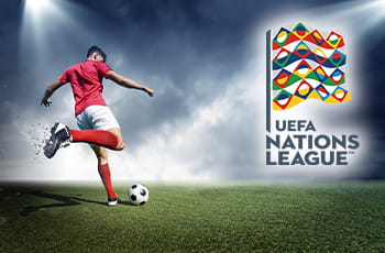 Calciatore in azione, logo UEFA Nations League