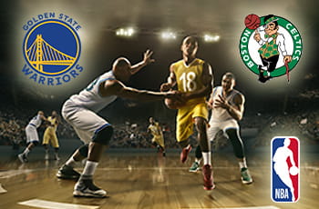 Giocatori di basket in azione, logo NBA, logo G.S. Warriors, logo Boston Celtics