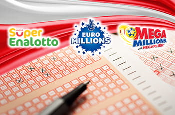 Cartelle lotterie, logo SuperEnalotto, logo Euro Millions, logo Mega Millions