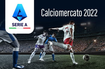 Calciatori in azione, logo Serie A, scritta Calciomercato 2022