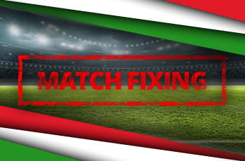 Campo di calcio, bandiera italiana, scritta Match Fixing