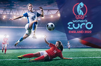 Giocatrici di calcio in azione, logo Europei calcio femminile 2022