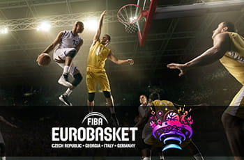 Giocatori di basket in azione, logo EuroBasket 2022
