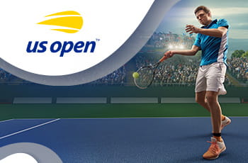 Tennista in azione, logo US Open