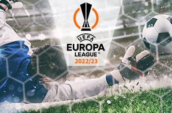 Portiere in azione, logo Europa League 2022/23