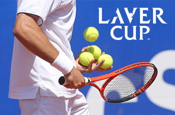 Tennista con in mano racchetta e 4 palline, logo Laver Cup