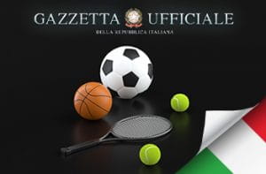 Logo Gazzetta Ufficiale, pallone da calcio, pallone da basket, palline da tennis e bandiera italiana