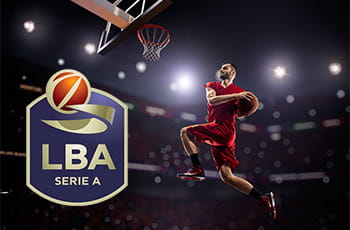 Giocatore di basket in azione, logo Serie A basket