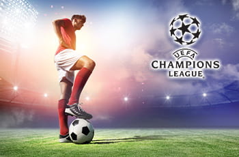 Calciatore in uno stadio, logo UEFA Champions League