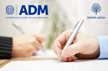 Due mani che firmano un foglio, logo ADM, logo Santa Lucia