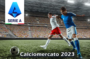 Calciatori in azione, logo Serie A, scritta Calciomercato 2023