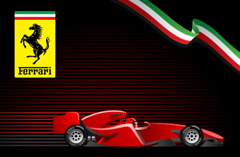 Macchina di F1, logo Ferrari, bandiera italiana