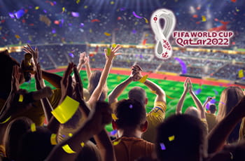 Tifosi esultanti allo stadio, logo FIFA World Cup Qatar 2022