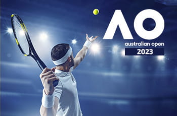 Tennista in azione, logo Australian Open 2023