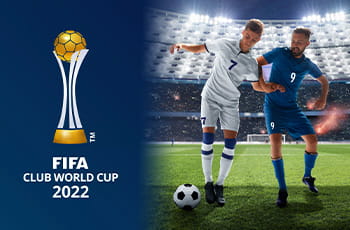 Calciatori in azione, logo FIFA World Cup 2022
