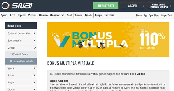 La promo scommesse Bonus Multipla Virtuale di SNAI