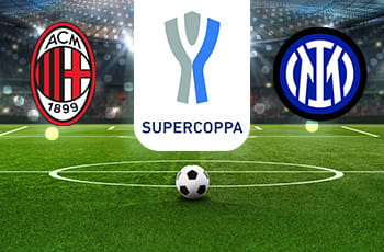 Campo da calcio, logo Milan, logo Inter, logo Supercoppa italiana