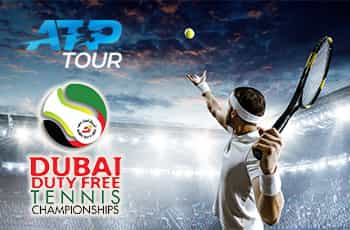 Tennista in azione, logo ATP Dubai 2023