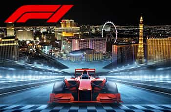 Immagine di Las Vegas, logo F1, macchina di F1 al traguardo