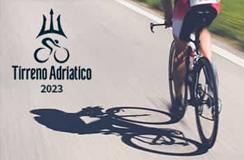 Ciclista su strada, logo Tirreno Adriatico