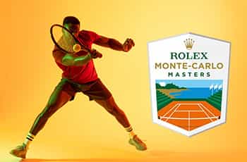 Tennista in azione, logo Rolex Monte Carlo Masters