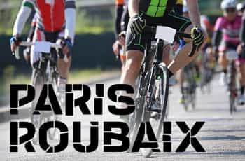 Ciclisti su strada, logo Parigi-Roubaix
