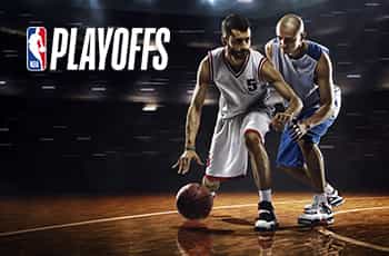 Giocatori di basket in azione, logo Playoff NBA