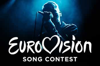 Cantante su un palco, logo Eurovision Song Contest
