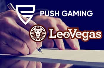 Mano che firma un documento, logo LeoVegas, logo Push Gaming