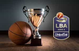 Una palla da basket, una coppa e il logo della Serie A basket