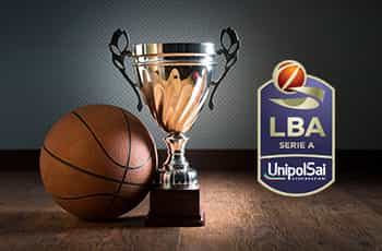 Una palla da basket, una coppa e il logo della Serie A basket