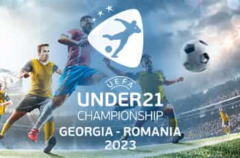 Calciatori in azione, logo UEFA Under 21 Championship 2023 Eu