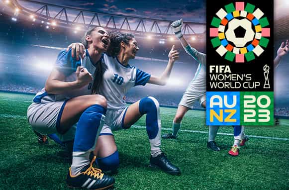 Calciatrici che esultano, logo Mondiali femminili di calcio 2023